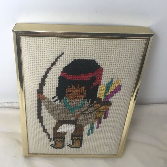 Vintage Ted DeGrazia Framed Needlepoint Wall Art Southwestern Boy My First Arrow - Picture 2 of 8